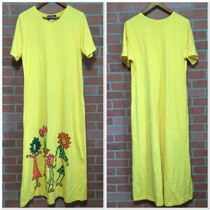Vintage womens Boho t shirt Dress Yellow Screen Print Anthropomorphic Flowers